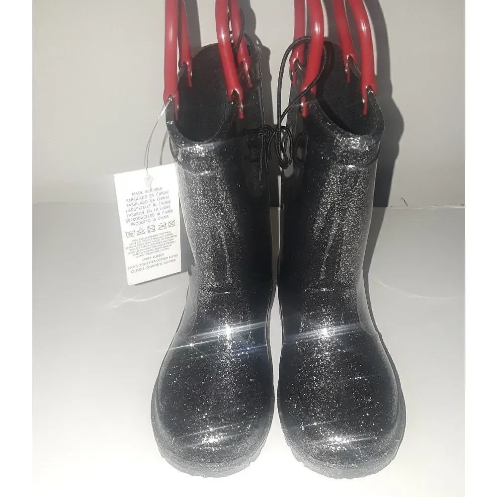 K KomForme Kids Light up Rain Boot Black Glitter Girls